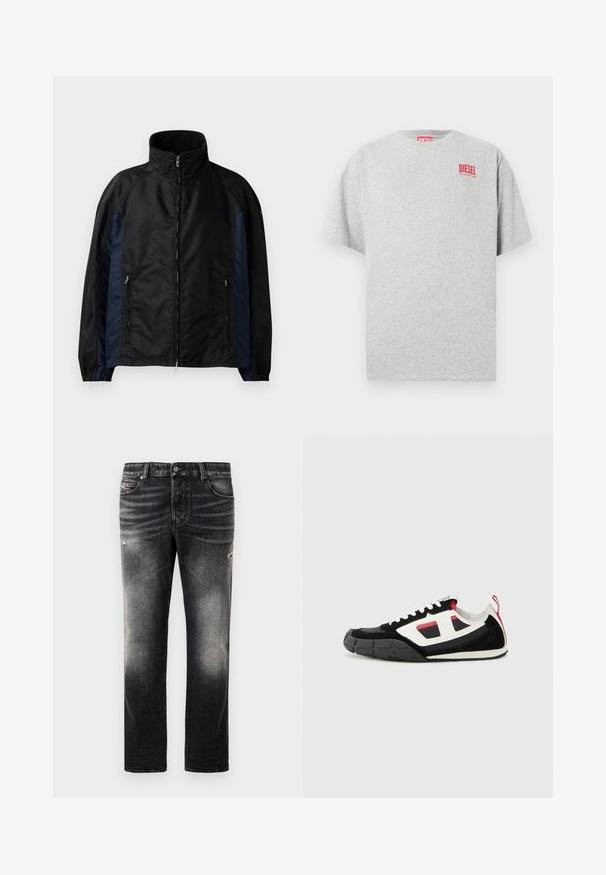 Zwarte en marineblauwe windbreaker jacket met hoge kraag, ritssluiting aan de voorkant, zijzakken, elastische manchetten en een gladde textuur.; Grijs katoenen T-shirt met een ronde hals en korte mouwen. Voorzien van een klein rood "DIESEL" logo op de borst. Soepele textuur.; Zwarte jeans met een vervaagde afwerking en versleten accenten, standaard vijf-pocket ontwerp en een ritssluiting. Gemaakt van denimstof.; Diesel S PAGODHA LOW - Sneakers laag - black