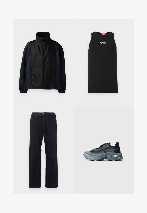 Schwarze und marineblaue Windbreaker-Jacke mit hohem Kragen, Reißverschluss vorne und seitlichen Taschen, elastischen Bündchen und einer glatten Textur.; Schwarzes ärmelloses Tanktop aus Baumwolle. Verfügt über einen runden Halsausschnitt und ein kleines weißes Diesel-Logo auf der Brust. Glatte Textur.; Dunkel marineblaue Jeans mit lockerem Schnitt, ausgestattet mit einem Tunnelzugbund, fünf Taschen und dezenten kontrastierenden Nähten.; Schwarz- und graue Diesel-Sneaker mit dicker Sohle, Schnürverschluss und strukturiertem Design auf einem schlichten hellgrauen Hintergrund.