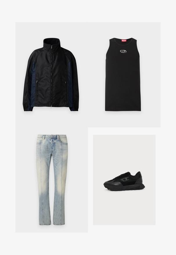 Schwarze und marineblaue Windbreaker-Jacke mit hohem Kragen, Reißverschluss vorne und seitlichen Taschen, elastischen Bündchen und einer glatten Textur.; Schwarzes ärmelloses Tanktop aus Baumwolle. Verfügt über einen runden Halsausschnitt und ein kleines weißes Diesel-Logo auf der Brust. Glatte Textur.; Hellblaue Jeans aus Denim mit geradem Bein, doppelt abgesteppten Nähten, Fronttaschen und einem verwaschenen Finish. Kein sichtbares Markenzeichen.; Schwarzer Low-Top-Sneaker mit Obermaterial aus gemischtem Mesh und Leder, Schnürverschluss und strukturierter Sohle, im rechten Seitenprofil auf weißem Hintergrund gezeigt.