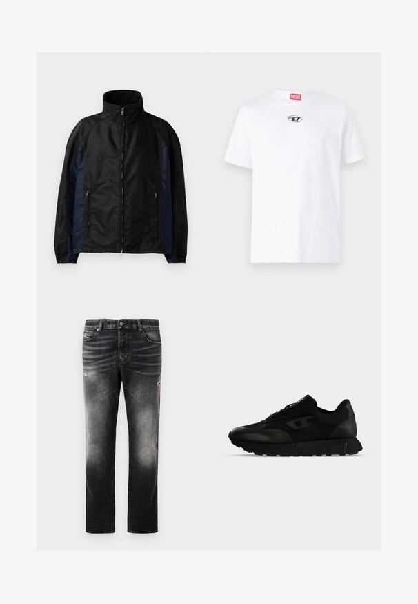 Schwarze und marineblaue Windbreaker-Jacke mit hohem Kragen, Reißverschluss vorne und seitlichen Taschen, elastischen Bündchen und einer glatten Textur.; Weißes Baumwoll-T-Shirt mit kurzen Ärmeln, runder Halslinie und einem silbernen Diesel-Logopatch auf der Brust. Einfaches Design, einfarbig.; Schwarze Jeans mit einem verblassten Finish und verwaschenen Akzenten, klassisches Fünf-Taschen-Design und Reißverschluss. Hergestellt aus Denim-Stoff.; Schwarzer Low-Top-Sneaker mit strukturiertem Leder und Stoffpaneelen, Schnürverschluss und dicker Gummisohle auf einfachem hellem Hintergrund.