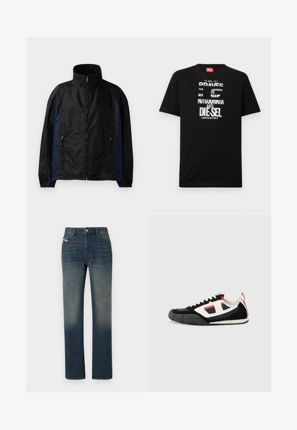 Zwarte en marineblauwe windbreaker jacket met hoge kraag, ritssluiting aan de voorkant, zijzakken, elastische manchetten en een gladde textuur.; Zwart katoenen T-shirt met opvallende witte tekstgrafieken, waaronder "DIESEL" en "INDUSTRY", met een ronde hals en korte mouwen.; Blauwe denim jeans met rechte pijpen, een vervaagde wassing, knoop- en ritssluiting aan de voorkant, en een ontwerp met vijf zakken.; Diesel S PAGODHA LOW - Sneakers laag - black