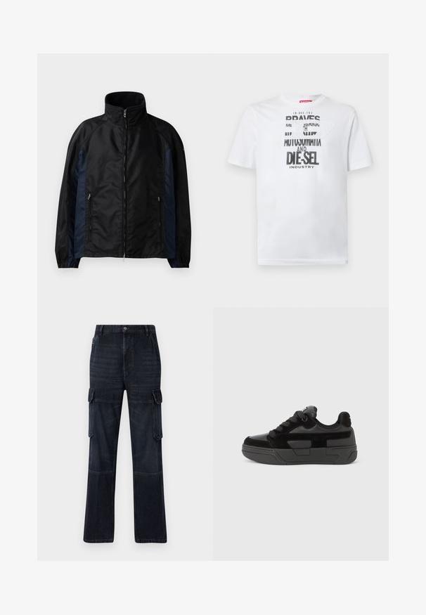 Veste coupe-vent noire et marine avec un col haut, une fermeture éclair sur le devant, des poches latérales, des poignets élastiques et une texture lisse.; T-shirt en coton blanc avec une typographie noire audacieuse affichant les mots "BRAVES" et "DIE-SEL INDUSTRY" ainsi qu'un design découpé semi-transparent.; Pantalon cargo en denim foncé avec une coupe décontractée, présentant deux poches latérales, des panneaux au niveau des genoux et des coutures contrastées. Fermeture à bouton métallique à la taille.; Baskets noires en mélange de matériaux lisses et texturés, dotées d'un bout rond, d'une semelle épaisse et d'une fermeture à lacets. Design minimaliste avec des accents.