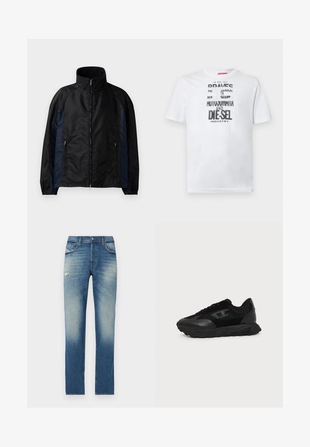 Sort og marineblå vindjakke med højt krave, lynlås foran og sidelommer, elastiske manchetter og en glat tekstur.; Hvid bomulds-T-shirt med fed sort typografi med ordene "BRAVES" og "DIE-SEL INDUSTRY" samt et semi-transparent udskåret design.; Blå denim jeans med lige ben design, featuring lys udvaskning, en lille slidtegn foran, og standard fem-lomme styling.; Sort lavt snøresko med struktureret sål, mesh- og læderoverdel, snørebånd foran og et lille præget logo på sidepanelet.