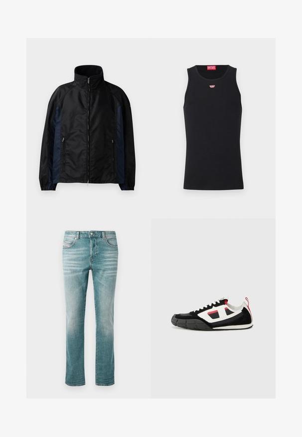 Schwarze und marineblaue Windbreaker-Jacke mit hohem Kragen, Reißverschluss vorne und seitlichen Taschen, elastischen Bündchen und einer glatten Textur.; Schwarzes ärmelloses Diesel Tanktop mit kleinem roten und weißen Logo auf der Brust und rotem Diesel-Label innen im Kragen.; Hellblaue Jeans aus Denim mit geradem Schnitt, fünf Taschen, dezentem Used-Look und klassischem Knopfverschluss an der Taille.; Diesel S PAGODHA LOW - Sneaker low - black