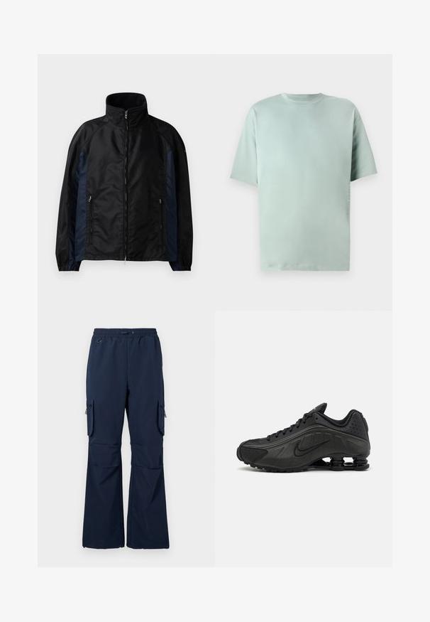 Chaqueta cortavientos en negro y azul marino con un alto cuello, cierre frontal con cremallera y bolsillos laterales, puños elásticos y una textura suave.; Camiseta de algodón verde claro con cuello redondo, mangas cortas y un ajuste relajado. Presenta un sutil detalle impreso en el lateral.; Pantalones de carga en color navy hechos de una tela ligera, con cintura ajustable mediante cordón, dos bolsillos laterales y bolsillos de carga con cremallera en ambas piernas.; Zapatillas de running negras con un upper sintético liso, detalles perforados, paneles laterales texturizados y una suela distintiva y elástica.