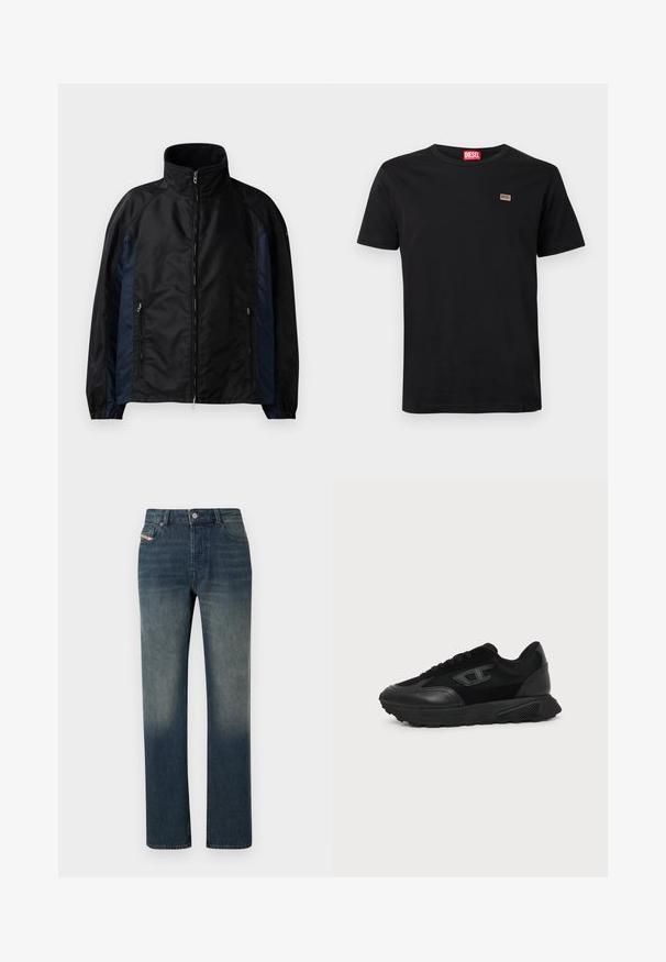 Schwarze und marineblaue Windbreaker-Jacke mit hohem Kragen, Reißverschluss vorne und seitlichen Taschen, elastischen Bündchen und einer glatten Textur.; Schwarzes kurzärmeliges T-Shirt aus Baumwolle mit Rundhalsausschnitt. Verfügt über einen kleinen Markenaufnäher auf der linken Brust.; Blaue Jeans mit geradem Bein, verwaschenem Look, Vorderseite mit Knopf- und Reißverschluss sowie Fünf-Taschen-Design.; Schwarzer Low-Top-Sneaker mit strukturierter Sohle, Mesh- und Lederoberseite, Schnürung vorne und kleinem eingeprägtem Logo auf dem Seitenpanel.