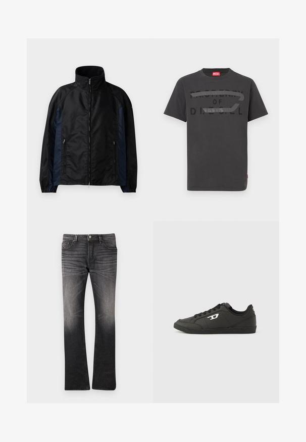 Veste coupe-vent noire et marine avec un col haut, une fermeture éclair sur le devant, des poches latérales, des poignets élastiques et une texture lisse.; T-shirt en coton gris avec un texte noir audacieux indiquant "PROPERTY OF D.I.E.S.E.L.", à la texture lisse et manches courtes.; Jeans en denim noir avec un motif légèrement délavé. Conception ajustée, jambe droite, style cinq poches et fermeture à bouton à la taille.; Baskets synthétiques noires avec une semelle noire texturée, un bout rond et des lacets plats noirs. Logo blanc remarquablement placé sur le côté extérieur.