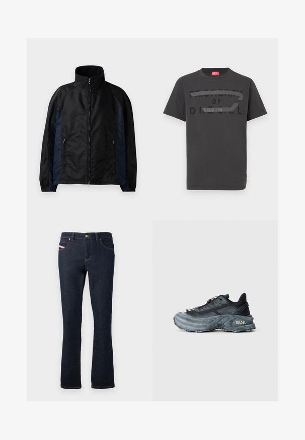 Zwarte en marineblauwe windbreaker jacket met hoge kraag, ritssluiting aan de voorkant, zijzakken, elastische manchetten en een gladde textuur.; Grijze katoenen t-shirt met vetgedrukte zwarte tekst "EIGENDOM VAN D.I.E.S.E.L.", met een gladde textuur en korte mouwen.; Navyblauwe denim jeans met een rechte snit, voorzien van oranje stiksels, een metalen knoopsluiting en een klein logo op de achterzak.; Zwarte en grijze Diesel sneakers met dikke zool, vetersluiting en gestructureerd ontwerp op een effen lichtgrijze achtergrond.