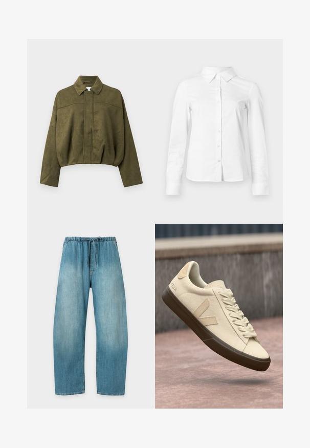 Veste cropped vert olive en matériau doux semblable à du daim. Caractéristiques : col montant, fermeture éclair avant et manches larges et amples.; Chemise blanche à manches longues avec boutons, col pointu, ourlet droit et silhouette ajustée, présentée sur un fond clair uni.; Pantalon en jean bleu clair avec taille élastique et cordon, coupe droite et poches latérales, présenté sur un fond blanc uni.; Baskets en cuir vegan beige avec lacets crème, semelle en caoutchouc marron et détail de logo au talon. Design épuré avec des accents tonaux subtils.