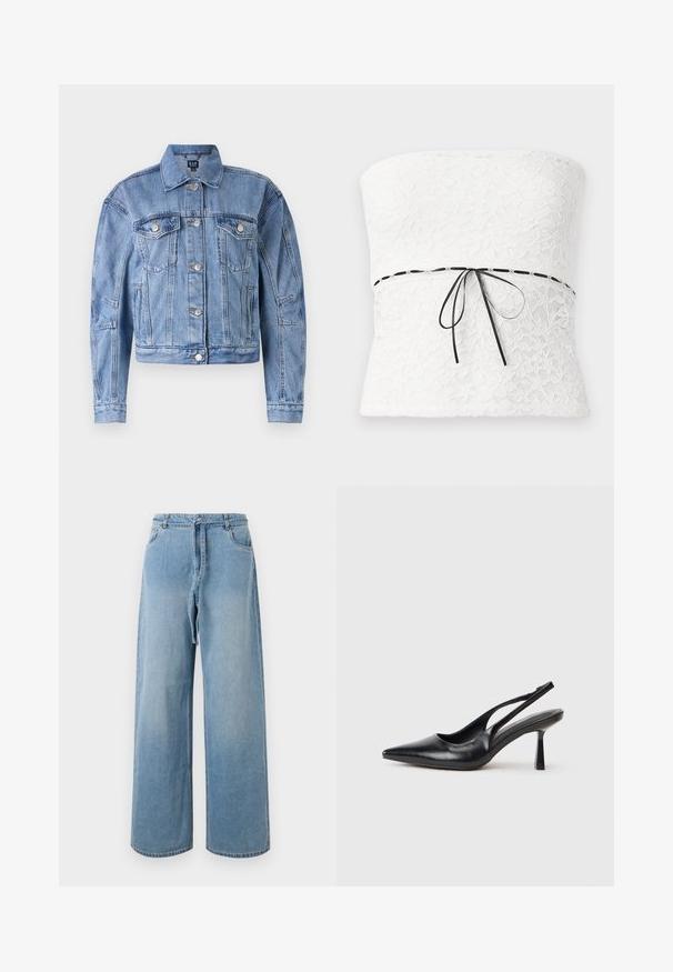 Veste en denim bleu clair au design court, avec des poches poitrine, des boutons argentés et des accents cousus sur les manches et le corps. Style de col classique.; Haut sans bretelles en dentelle blanche avec un motif floral et un nœud en ruban noir à la taille, présentant une finition texturée.; Jean large en denim bleu clair avec taille haute, comportant des poches avant, une ceinture à nouer et une texture délavée.; Chaussure à talon haut en cuir noir, à bride arrière, avec un bout pointu et un talon fin sur fond blanc.