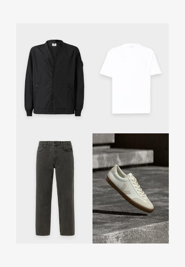Veste noire légère avec une fermeture à boutons, des poignets côtelés et deux poches latérales zippées. Elle présente une coupe décontractée et une texture lisse.; T-shirt en coton blanc avec un col rond, des manches courtes et une coupe décontractée. Texture lisse, détails minimaux, sans motifs ni graphiques.; Jean en denim noir droit avec fermeture à bouton et à zip, poches avant et arrière, et passants de ceinture.; Baskets en cuir blanc avec semelle en caoutchouc beige, lacets plats et accent en forme de V sur le côté. Présentent une surface lisse et peu de détails de couture.