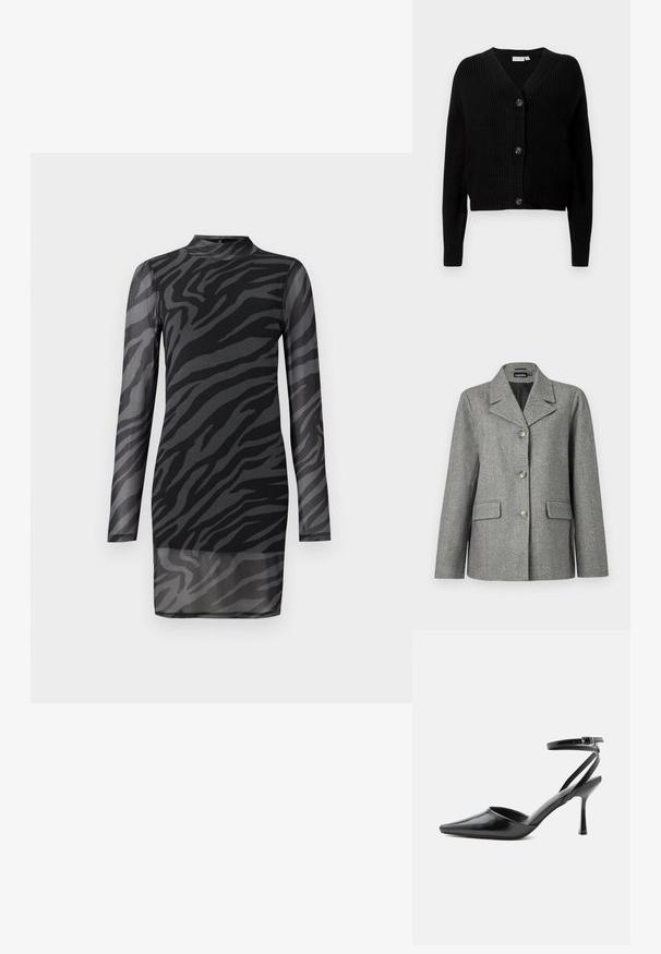 Blazer en chevrons gris avec col cranté, fermeture à trois boutons, deux poches avant et coupe structurée. Tissu lisse et design ajusté.; Cardigan en tricot côtelé noir avec un col en V, des manches longues et cinq boutons à l'avant. Texture douce avec une coupe cropped.; Robe zébrée noire et grise, à manches longues, col haut, en tissu transparent, design ajusté, longueur au-dessus du genou, détails matériels minimaux.; Escarpin noir à bout pointu avec fines brides de cheville et fermeture à boucle argentée sur fond clair uni.
