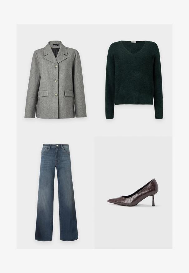 Grå hørblazer med skrå krave, tre-knap lukning, to forlommer og en struktureret pasform. Glat stof og skræddersyet design.; Mørkegrønn strikket sweater med V-hals, lange ærmer og ribbet kant. Blød tekstur, afslappet pasform og ingen synlige mønstre eller hardware.; Bredde denim jeans i mørkeblå, med en slidteknik, knaplukning og fem-lomme stil. Glat tekstur, minimal syning detaljer.; Brune kunstlæder stiletter med spidse tæer og krokodilletekstur, der har en slank, vinklet hæl og en glat inderside.