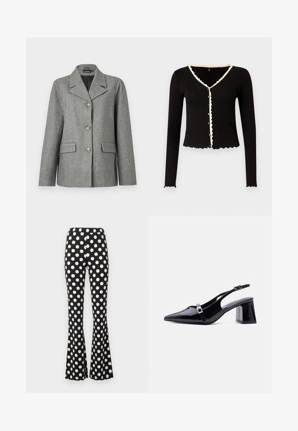 Blazer en chevrons gris avec col cranté, fermeture à trois boutons, deux poches avant et coupe structurée. Tissu lisse et design ajusté.; Cardigan noir à côtes avec des manches longues, des bords festonnés et une bordure crème le long du col et de la patte de boutonnage. Comprend des boutons sur le devant.; Pantalon noir évasé avec de grands pois blancs et une taille élastique, présenté sur un fond clair uni.; Escarpin à bride arrière en cuir verni noir, bout pointu, petit talon bloc bas, avec deux petites boucles argentées sur les brides.