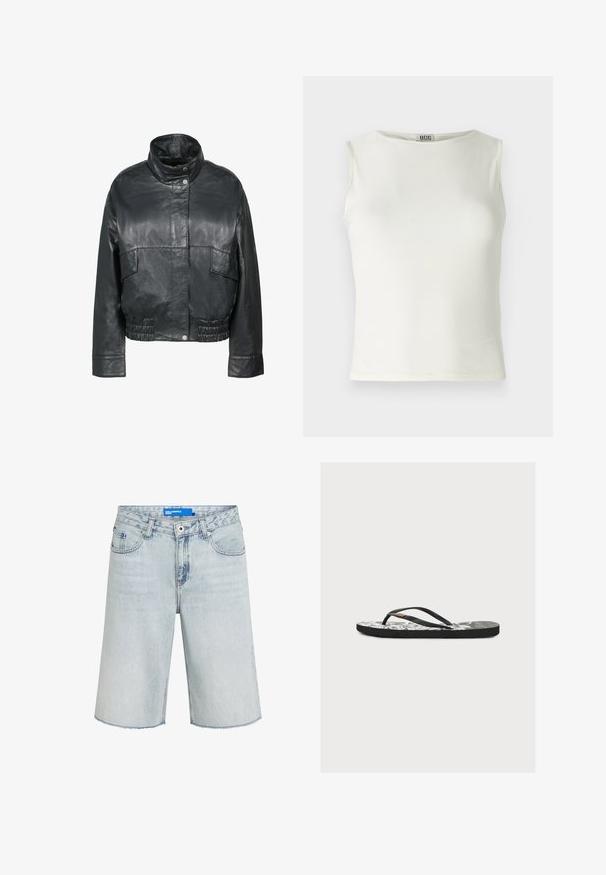 Freaky Nation BESSI - Lederjacke - black; Weiße ärmellose Bluse aus glattem Stoff, mit einem runden Ausschnitt und sauberen Kanten, in einer figurnahe Silhouette. Markenlabel sichtbar.; Hellblaue Jeans-Shorts in Kniehöhe mit Vordertaschen, Knopfverschluss, Gürtelschlaufen und rohen Saumkanten.; Schwarzer Flip-Flop mit dünnen Riemen und weißem Blumenmuster auf der Sohle, flach auf hellem Hintergrund liegend.