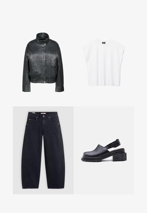 Freaky Nation BESSI - Læderjakker - black; Hvid ærmeløs crop top med rund halsudskæring, brede skuldre og sort "B6"-label indvendigt i kraven.; Sorte denim wide-leg jeans med høj talje, to frontlommer og sølvhardware. Glat tekstur, minimale stikninger og lige snit.; Sort læder slingback-sko med lukket tå, justerbar spænde-rem, kraftig lav hæl og tekstureret sål på hvid baggrund.
