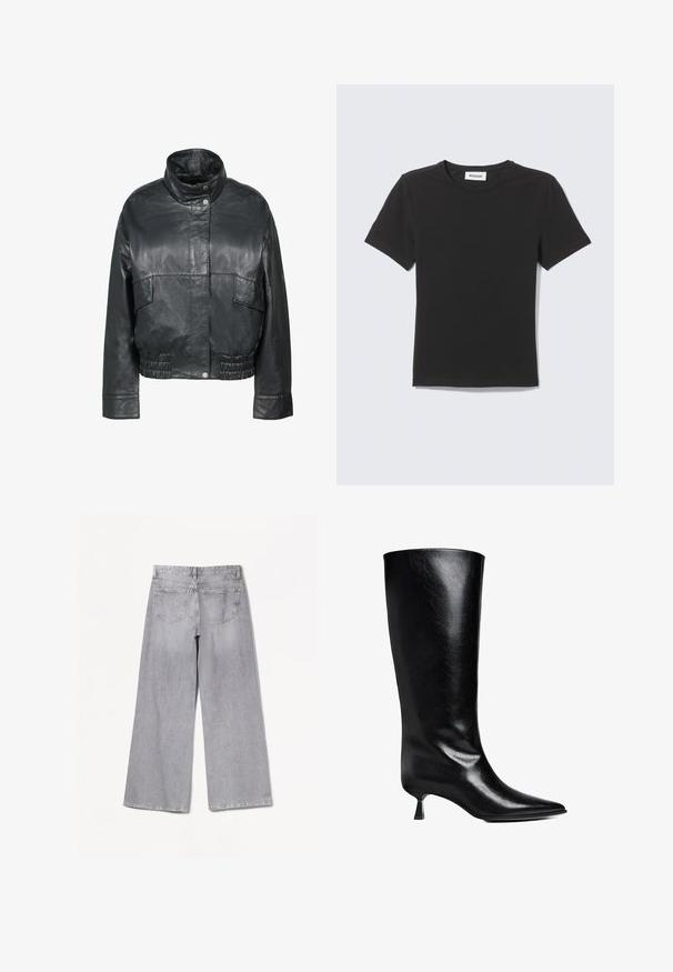 Freaky Nation BESSI - Lederjacke - black; Schwarzes kurzärmeliges T-Shirt mit Rundhalsausschnitt, flach liegend mit kleinem weißem Etikett innen im Kragen vor hellem Hintergrund.; Graue weite Jeans mit hoher Taille, ausgestattet mit einer glatten Textur, zwei Gesäßtaschen und dezenten Nähten.; Schwarze Lederstiefel bis zum Knie mit spitzem Zehenbereich, schlanker Silhouette und niedrigem Blockabsatz mit glänzender Oberfläche.