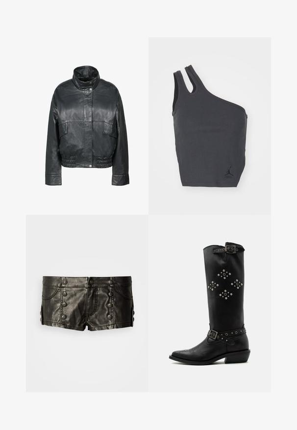 Freaky Nation BESSI - Lederjacke - black; Schwarzes geripptes Tanktop mit einem einzigartigen asymmetrischen Design, das einen breiten und einen schmalen Träger aufweist, und ein kleines Logo am Saum enthält.; Schwarze Leder-Low-Rise-Shorts mit dekorativen Metallknöpfen vorne und an den Seiten, mit Fronttaschen und Nahtdetails.; Schwarzer Leder-Mid-Calf-Stiefel mit silbernen Nieten in Diamantmustern, Schnallenriemen nahe oben und am Knöchel und einem niedrigen, schrägen Absatz.