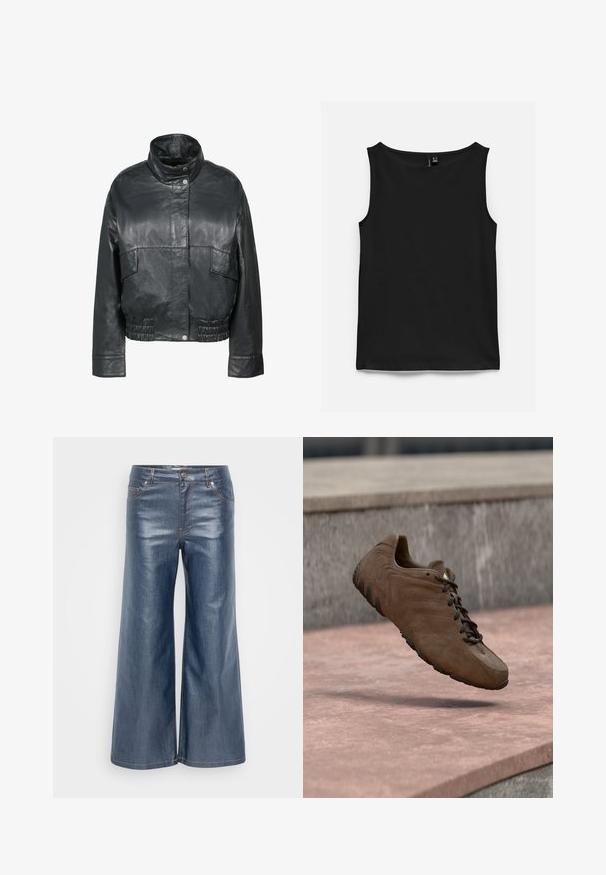 Freaky Nation BESSI - Lederjacke - black; Schwarzes ärmelloses Tanktop mit rundem Ausschnitt, flach auf weißem Hintergrund dargestellt.; Weite Jeanshosen in Dunkelblau mit glatter Textur, fünf Taschen und kontrastierenden Nähten. Vorderer Knopf- und Reißverschluss.; Brauner Sportschuh aus Wildleder mit Gummisohle, strukturierter Oberseite und braunen Schnürsenkeln. Verfügt über drei dezente Streifen an den Seiten.