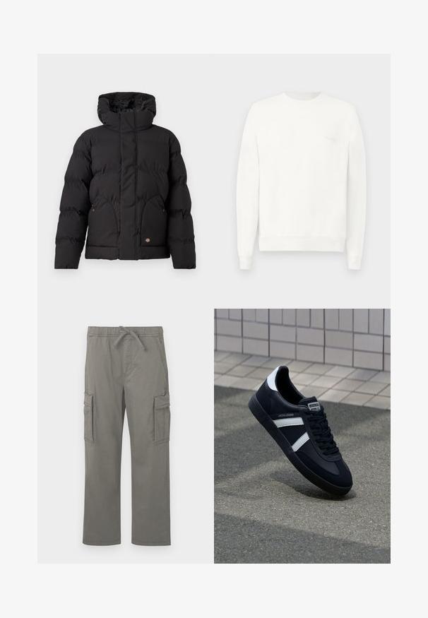 Zwarte pufferjack met een hoge kraag, voorzien van een ritssluiting aan de voorkant, twee zijzakken en een logo-accent op de onderkant van de voorkant. Zachte, gewatteerde textuur.; Witte crewneck sweatshirt gemaakt van zachte stof, met ribgebreide boorden en zoom, en een subtiele logo gedrukt op de borst in lichtgrijs.; Grijze rechte cargobroek met elastische tailleband, trekkoord, zijflapzakken en voorste schuine zakken op een witte achtergrond.; Zwarte leren sneaker met witte strepen, een gestructureerde rubberen zool en vetersluiting aan de voorkant. Voorzien van een merklabel op de tong.