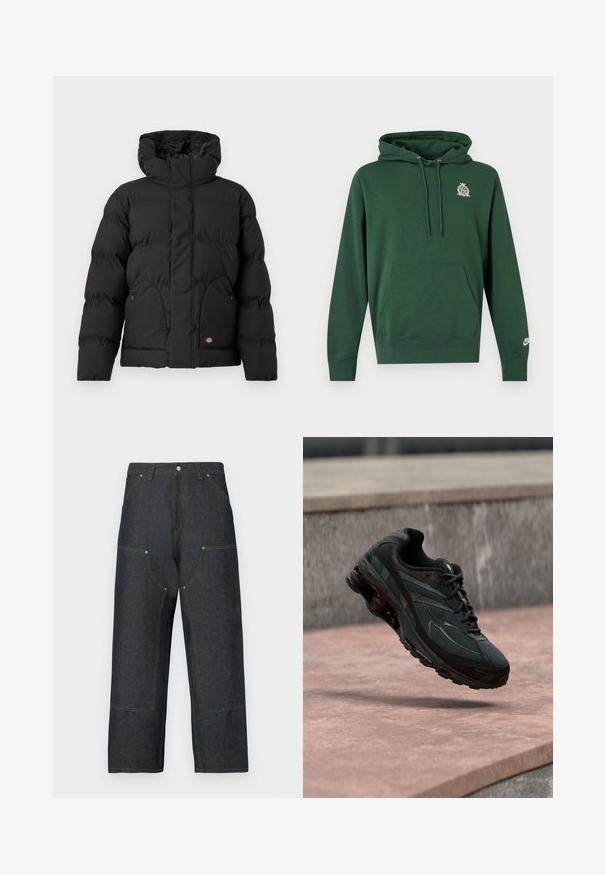 Schwarze Puffjacke mit hohem Kragen, ausgestattet mit einem Reißverschluss vorne, zwei seitlichen Taschen und einem logobezogenen Akzent auf der unteren Vorderseite. Weicher, gesteppten Textur.; Dunkelgrüner Hoodie mit Fronttasche, Kordelzug an der Kapuze, kleinem weißen Wappen auf der linken Brust und weißem Nike-Logo am linken Handgelenk.; Dunkelblaue Denim-Jeans mit weitem Bein, kontrastierenden orangefarbenen Nähten, vorderen Taschen und einem klassischen Knopfverschluss.; Schwarzer athletischer Sneaker mit sichtbarer Air-Cushioning-Zwischensohle, der über einer rosa Steinoberfläche mit grauer Steinmauer im Hintergrund schwebt.