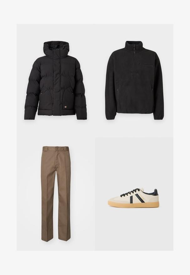 Schwarze Puffjacke mit hohem Kragen, ausgestattet mit einem Reißverschluss vorne, zwei seitlichen Taschen und einem logobezogenen Akzent auf der unteren Vorderseite. Weicher, gesteppten Textur.; Schwarzer Fleece-Pullover mit hohem Kragen, halbem Reißverschluss und vorderer Reißverschlusstasche. Verfügt über eine strukturierte Stoffoberfläche und ein geprägtes Logo.; Braune Hose mit flachem Vorderdesign, geraden Beinen und klassischem Bund. Aus strapazierfähigem Stoff gefertigt, ohne sichtbare Muster oder Verzierungen.; Legere Sneaker in Creme mit schwarzen Streifen, mit einer strukturierten Oberseite und einer Sohle aus Gummi. Die Schnürsenkel sind schwarz. Diskretes Logo an der Seite.
