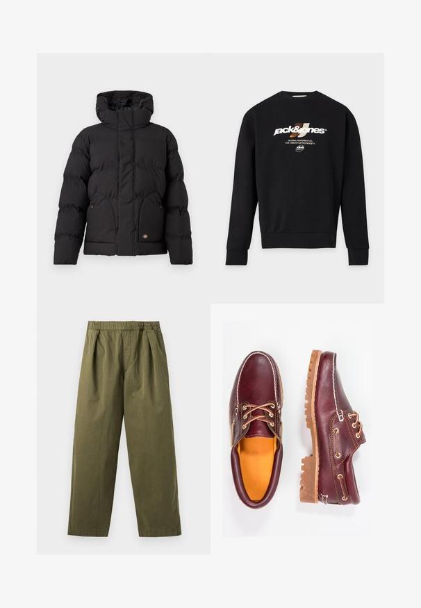 Chaqueta de plumas negra con cuello alto, que presenta un cierre de cremallera en la parte delantera, dos bolsillos laterales y un logotipo en el frente inferior. Textura suave y acolchada.; Sudadera negra de manga larga con el logo "jack&jones" y el texto "Global Movement Co. The 1990 Athletics Society" impresos en blanco y beige en el pecho.; Pantalones de pierna ancha en verde oliva con cintura elástica y pliegues delanteros, mostrados sobre un fondo claro.; Zapatos de cuero burdeos con suelas de goma marrón, puntera redonda, costuras blancas y ojales dorados. El interior cuenta con un forro amarillo.