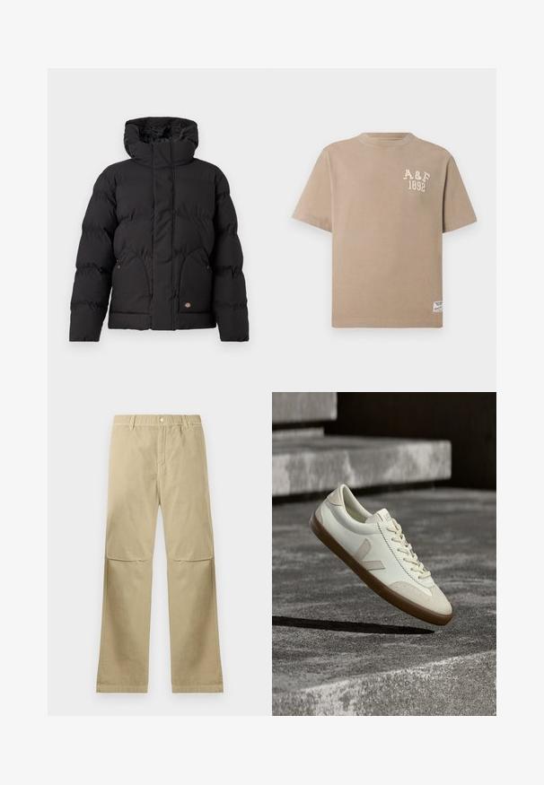 Zwarte pufferjack met een hoge kraag, voorzien van een ritssluiting aan de voorkant, twee zijzakken en een logo-accent op de onderkant van de voorkant. Zachte, gewatteerde textuur.; Beige T-shirt met korte mouwen en ronde hals, met "A&F 1892" bedrukt op de bovenkant van de linkerborst en een klein labeltje bij de onderste zoom.; Beige rechte broek met drukknoopsluiting, riemlussen en kniestiknaden, plat gelegd op een witte achtergrond.; Witte leren sneakers met een bruine rubberen zool, platte veters en een V-vormig accent aan de zijkant. Ze hebben een glad oppervlak en minimale stikdetails.
