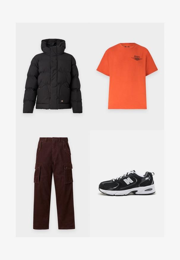 Schwarze Puffjacke mit hohem Kragen, ausgestattet mit einem Reißverschluss vorne, zwei seitlichen Taschen und einem logobezogenen Akzent auf der unteren Vorderseite. Weicher, gesteppten Textur.; Helles orangefarbenes T-Shirt mit kurzen Ärmeln, rundem Ausschnitt und kleinem schwarzem Dickies- und Harley-Davidson-Logo auf der linken Brust.; Braune Cord-Cargo-Hosen mit weiten Beinen, großen Seitentaschen, vertikaler Rippstruktur und Knopfverschluss.; Schwarze und graue Sportschuhe mit Obermaterial aus Mesh und Wildleder, ausgestattet mit einer weißen Zwischensohle, Schnürsenkeln und einem markanten "N"-Logo an der Seite.