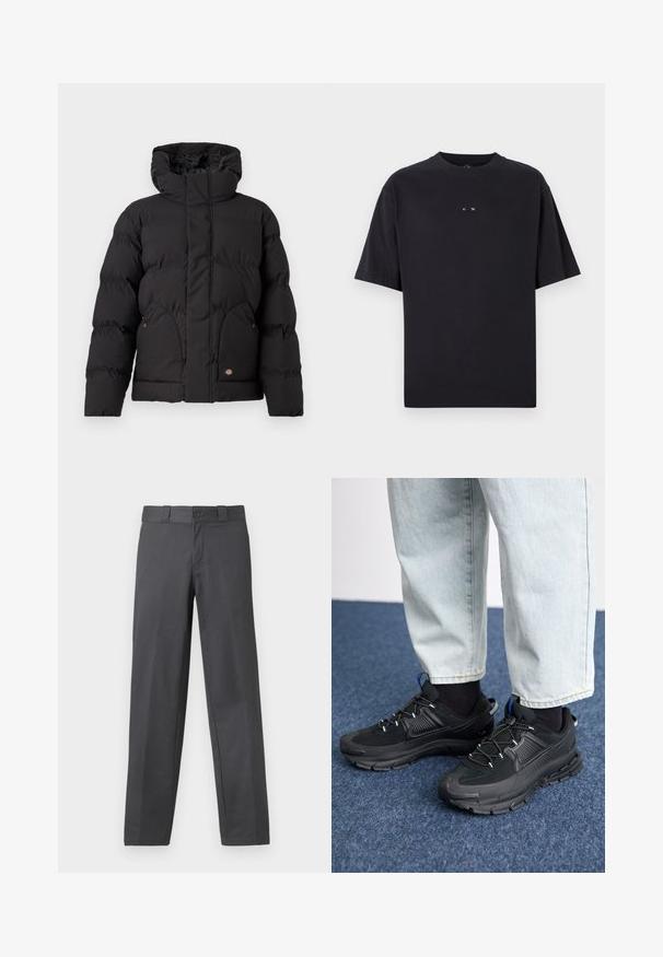 Chaqueta de plumas negra con cuello alto, que presenta un cierre de cremallera en la parte delantera, dos bolsillos laterales y un logotipo en el frente inferior. Textura suave y acolchada.; Oakley RISE TEE - Camiseta básica - blackout; Pantalones grises confeccionados en una tela suave, con un diseño de pierna recta, cierre de botón y trabillas para cinturón; costuras mínimas y sin patrones.; Zapatillas deportivas negras con tejido texturizado y suelas de goma, con cordones elásticos y un acento azul en el talón. Combinadas con pantalones de mezclilla claros.