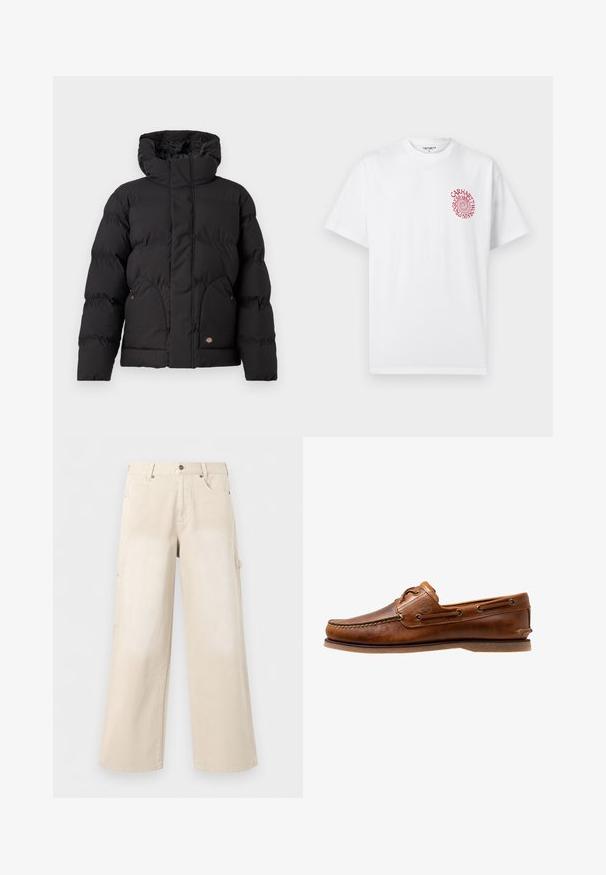 Schwarze Puffjacke mit hohem Kragen, ausgestattet mit einem Reißverschluss vorne, zwei seitlichen Taschen und einem logobezogenen Akzent auf der unteren Vorderseite. Weicher, gesteppten Textur.; Weißes T-Shirt mit kurzen Ärmeln und kleinem rotem Spiraltext auf der linken Brust mit der Aufschrift "Carhartt WIP" und "Est. 1889" in einem kreisförmigen Design.; Beige weite Hosen mit Vordertaschen, Knopfverschluss und Gürtelschlaufen, vor einfachem weißem Hintergrund gezeigt.; Braune Lederbootsschuhe mit gesteppten Akzenten, metallischen Ösen, einer erhöhten Naht an der Zehe und einer flachen Gummisohle.