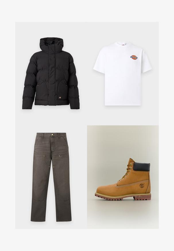 Chaqueta de plumas negra con cuello alto, que presenta un cierre de cremallera en la parte delantera, dos bolsillos laterales y un logotipo en el frente inferior. Textura suave y acolchada.; Camiseta blanca de manga corta con pequeño logo colorido de Dickies en el pecho izquierdo y cuello redondo.; Pantalones de trabajo marrones de pierna recta con refuerzos en las rodillas, bolsillos delanteros, trabillas para cinturón y cierre con botón.; Bota de tobillo de cuero marrón con cuello negro, cordones amarillos y suela beige. Presenta un logotipo y detalles de costura blanca. Suela exterior con tracción robusta.