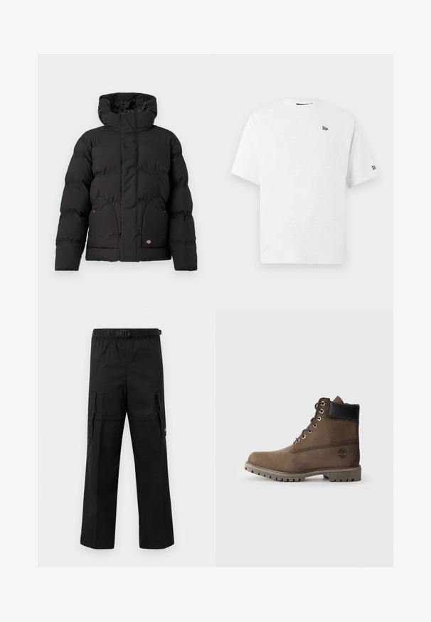 Schwarze Puffjacke mit hohem Kragen, ausgestattet mit einem Reißverschluss vorne, zwei seitlichen Taschen und einem logobezogenen Akzent auf der unteren Vorderseite. Weicher, gesteppten Textur.; Weißes Baumwoll-T-Shirt mit kurzen Ärmeln, Rundhalsausschnitt und einem kleinen schwarzen Logo auf der linken Brust und dem rechten Ärmel.; Schwarze Cargo-Hosen mit weitem Schnitt, verstellbarem Bund mit Schnalle und zwei Seitentaschen zur Aufbewahrung. Leichtes Material.; Braune Leder-Stiefelette mit schwarzem Kragen, Metallösen und robustem grauen Sohlen. Verfügt über ein Logo an der Seite und genähten Details.