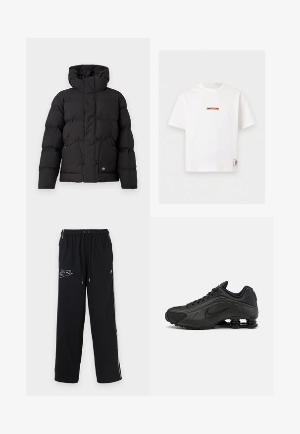 Chaqueta de plumas negra con cuello alto, que presenta un cierre de cremallera en la parte delantera, dos bolsillos laterales y un logotipo en el frente inferior. Textura suave y acolchada.; Camiseta blanca de manga corta Nike con un pequeño logo "Fussball" en negro y rojo en el pecho y una etiqueta rectangular cerca del dobladillo inferior.; Pantalones deportivos negros con cintura elástica, dos franjas laterales y un logo gráfico blanco. Confeccionados con tela texturizada, presentan ventilaciones en los tobillos.; Zapatillas de running negras con un upper sintético liso, detalles perforados, paneles laterales texturizados y una suela distintiva y elástica.