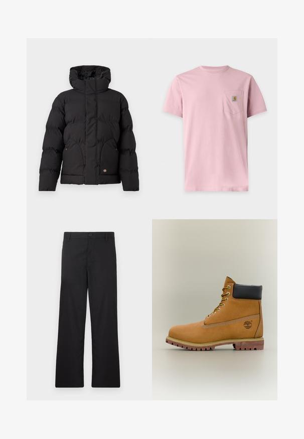 Schwarze Puffjacke mit hohem Kragen, ausgestattet mit einem Reißverschluss vorne, zwei seitlichen Taschen und einem logobezogenen Akzent auf der unteren Vorderseite. Weicher, gesteppten Textur.; Schlichtes rosa T-Shirt mit kurzen Ärmeln und einer Brusttasche mit kleinem rechteckigem Carhartt-Logo.; Schwarze Hosen mit geradem Bein, hergestellt aus glattem Stoff. Mit einer vorderen Knopfverschluss und ohne sichtbare Muster oder Akzente.; Brauner Leder-Stiefelette mit schwarzem Kragen, gelben Schnürsenkeln und hellbrauner Sohle. Verfügt über ein Logo und weiße Ziernähe. Robuste Profilsohle.