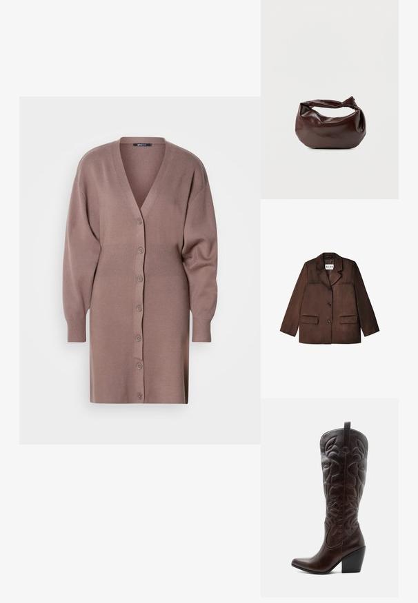 Hnedý blazer vyrobený z hladkého materiálu, s výstrihom s notch, jednostranným zapínaním na gombík a dvoma prednými vreckami. Textúrovaný povrch.; Dlhý, opasok s kardigánom v jemnom, ľahkom pletení. Obsahuje výstrih do V, zapínanie na gombíky a široké rukávy v tlmenej mahagónovej farbe.; Vysoká tmavohnedá kožená kovbojská čižma so šitými dekoratívnymi vzormi, špicatou špičkou a vrstveným blokovým podpätkom.; Tmavohnedá kožená kabelka cez rameno s mäkkým, voľným tvarom a držadlom v podobe skrúteného uzla na jednoduchom bielom pozadí.