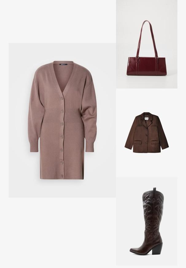 Brauner Blazer aus einem glatten Material, mit einem Reverskragen, einem einzelnen Knopfverschluss und zwei vorderen Taschen. Texturierte Oberfläche.; Langer, taillierter Cardigan aus weichem, leichtem Strick. Mit V-Ausschnitt, Knopfschluss und weiten Ärmeln in einem sanften Mauve-Ton.; Hoher dunkelbrauner Leder-Cowboystiefel mit gestickten dekorativen Mustern, spitzer Spitze und gestapeltem Blockabsatz.; Burgunderfarbene Handtasche aus glänzendem Material, rechteckige Form, mit zwei Schulterriemen und subtilen, geschwungenen Akzenten an der Vorderseite.