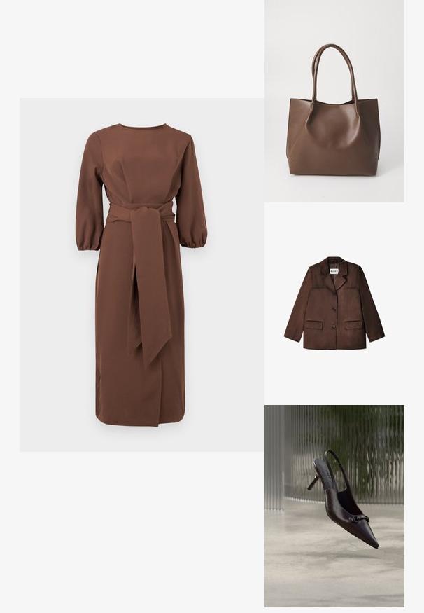 Brun blazer lavet af et glat materiale, med en notch krave, enkelt knaplukning og to forlommer. Teksturfinish.; Brun midi-kjole med trekvartlange pufærmer og bredt stofbælte bundet i taljen, med en beskeden rund udskæring og lige nederdel.; Blank sort spids røvhælssandal med lille dekorativ spænde, svævende over en beton gulv med en tekstureret glas baggrund.; Brun læder tote taske med to lange håndtag, struktureret form, glat tekstur og minimalistisk design. Ingen synligt hardware eller accenter.
