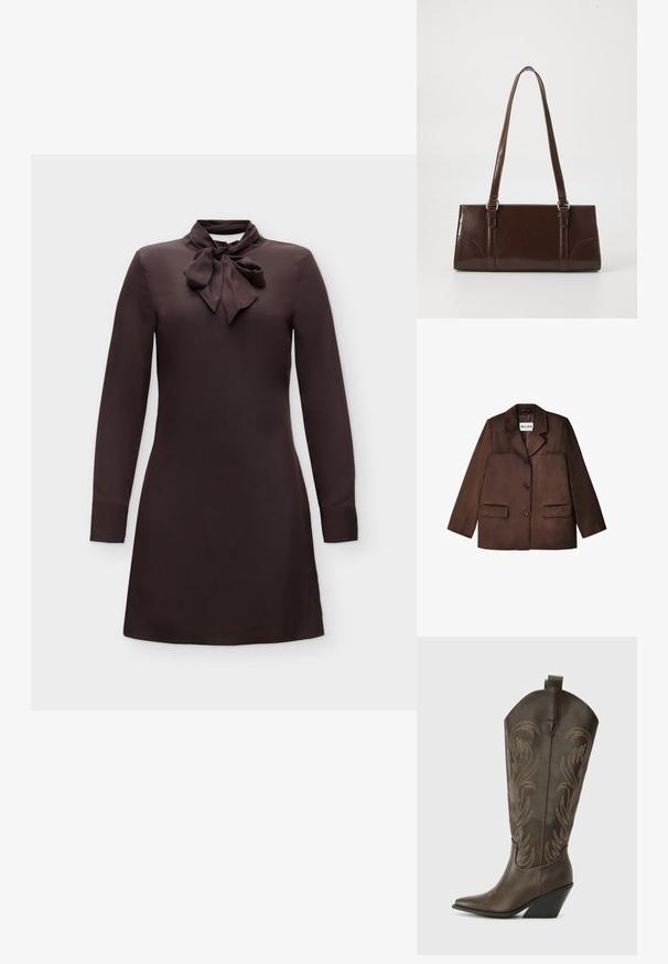 Hnedý blazer vyrobený z hladkého materiálu, s výstrihom s notch, jednostranným zapínaním na gombík a dvoma prednými vreckami. Textúrovaný povrch.; Tmavohnedé šaty s dlhými rukávmi, stiahnutým mašľovým golierom a priamou, jednoduchou siluetou na jednofarebnom pozadí.; Hnedé kožené kovbojské topánky s špicatou špičkou, klinovým podpätkom a dekoratívnym vyšívaním. Majú vysoký zvršok a húkač.; Hnedá lakovaná kožená kabelka s obdĺžnikovým tvarom, dvoma dlhými rúčkami a jemne zakrivenými akcentami na prednej strane.