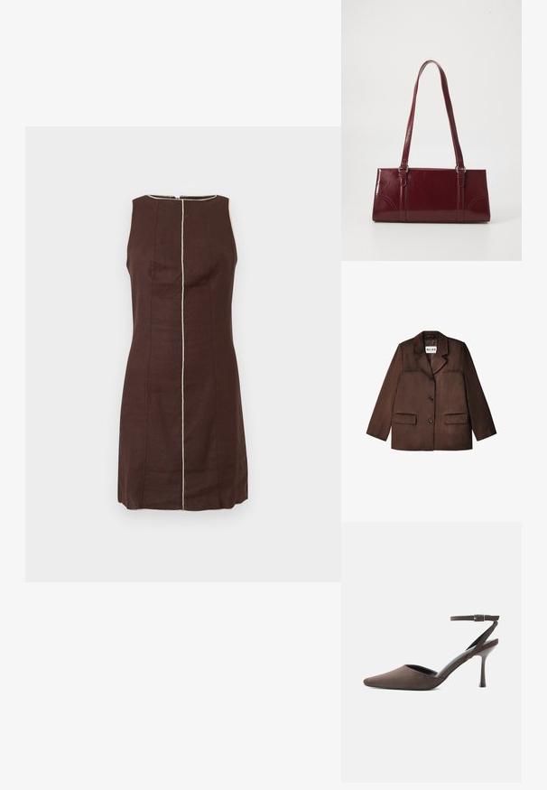 Hnedý blazer vyrobený z hladkého materiálu, s výstrihom s notch, jednostranným zapínaním na gombík a dvoma prednými vreckami. Textúrovaný povrch.; Tmavohnedé šaty bez rukávov s béžovými vertikálnymi švami na strede a okolo okrúhleho výstrihu.; Hnedá semišová vysoká podpätková topánka so zašpicatenou špičkou, tenkým remienkom okolo členka a striebornou prackou na bielom pozadí.; Bordová kabelka vyrobená z lesklého materiálu, obdĺžnikový tvar, s dvoma ramennými popruhmi a jemnými zakrivenými akcentmi na prednej strane.