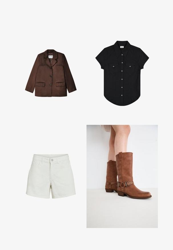 Bruine blazer van een glad materiaal, met een notch-kraag, enkele knoopsluiting en twee voorzakken. Geringde afwerking.; Zwarte korte mouwen overhemd met knopen, een puntige kraag en twee borstzakken, elk met een zilveren drukknopsluiting.; Witte denim shorts met voorknop, rits, riemlussen en voorzakken op een effen witte achtergrond.; Bruine leren enkellaarzen met een lichtpuntige neus, decoratieve gespen en een lage, gestapelde hak. Glad oppervlak met een matte afwerking.