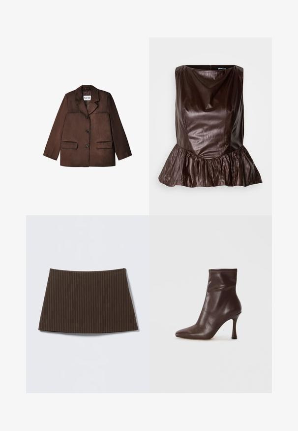 Brun blazer lavet af et glat materiale, med en notch krave, enkelt knaplukning og to forlommer. Teksturfinish.; Brun læder peplum top med en rund halsudskæring, tekstureret overflade og en flared flæse ved kanten. Rent, minimalistisk design.; Brun nederdel med nålestriber, tætsiddende design, glat tekstur og flared kant, ideel til et skræddersyet look.; Brun læder ankelstøvle med spids tå og en slank stiletto hæl. Har en glat overflade og syet detalje omkring åbningen.