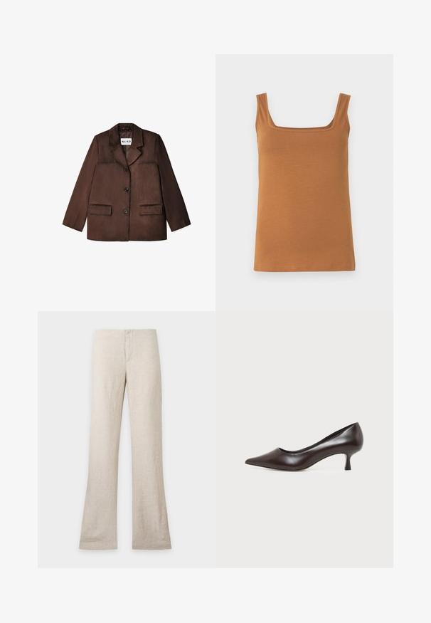 Brun blazer lavet af et glat materiale, med en notch krave, enkelt knaplukning og to forlommer. Teksturfinish.; Brun ærmeløs tanktop med firkantet udskæring. Fremstillet af blødt, elastisk stof med rene sømme og jævn tekstur.; Beige hørbukser med lige ben og skjult frontlukning, vist fladt på en ensfarvet lys baggrund. Ingen synlige lommer eller detaljer.; Mørkebrun læderpumps med spids tå og lav buet hæl på hvid baggrund.