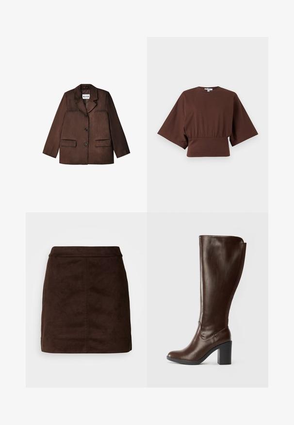 Brauner Blazer aus einem glatten Material, mit einem Reverskragen, einem einzelnen Knopfverschluss und zwei vorderen Taschen. Texturierte Oberfläche.; Braunes kurz geschnittenes Oberteil mit weiten Ellbogenlangen Ärmeln und geraffter Taille, vor einem einfachen hellen Hintergrund präsentiert.; Brauner Wildleder-Minirock mit glatter Oberfläche, tailliertem Schnitt und vertikalen Nahtdetails. Minimalistisches Design ohne zusätzliche Verzierungen.; Dunkelbraune knielange Lederstiefel mit runder Zehe und Blockabsatz, glatter Oberfläche und elastischem Einsatz hinten.