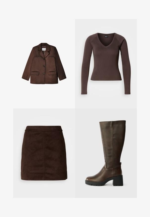 Brauner Blazer aus einem glatten Material, mit einem Reverskragen, einem einzelnen Knopfverschluss und zwei vorderen Taschen. Texturierte Oberfläche.; Braunfarbener langärmeliger V-Ausschnitt-Oberteil mit tailliertem Schnitt, aus glattem Stretchstoff gefertigt, mit Raglanärmeln und sauberen Säumen.; Brauner Wildleder-Minirock mit glatter Oberfläche, tailliertem Schnitt und vertikalen Nahtdetails. Minimalistisches Design ohne zusätzliche Verzierungen.; Braune Leder-Knöchelstiefel mit einem klobigen schwarzen Absatz und strukturiertem Finish. Merkmale sind eine runde Zehenpartie und subtile Seitennahtdetails.