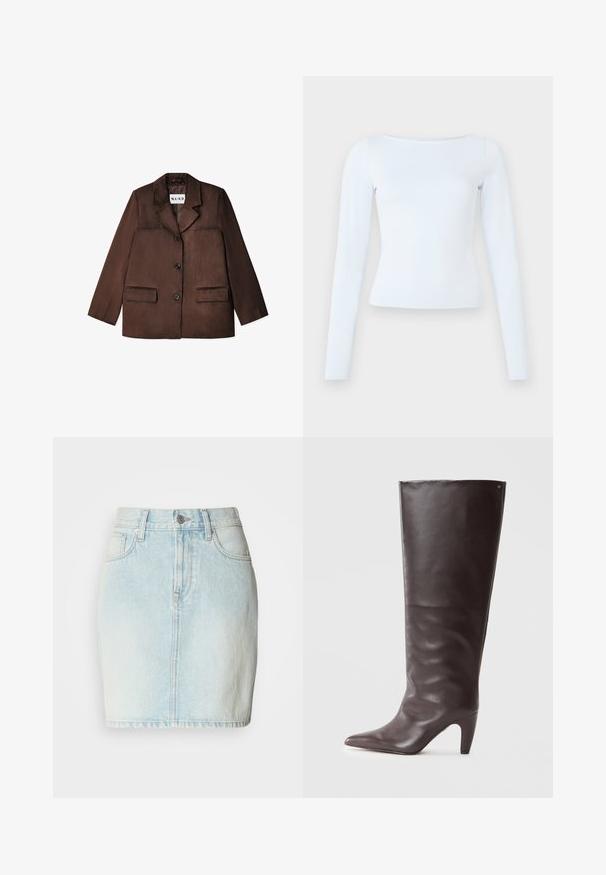 Bruine blazer van een glad materiaal, met een notch-kraag, enkele knoopsluiting en twee voorzakken. Geringde afwerking.; Langarm, lichtblauwe fitted top met een bootnek en een eenvoudig, strak ontwerp op een effen achtergrond.; Lichtblauwe denim rok met een rechte snit, voorzien van voorzakken, riemlussen en een klassieke knoopsluiting in de taille.; Bruine leren kniehoog laars met een spitse neus en een middelhoge hak, met een gladde structuur en een minimalistisch ontwerp.