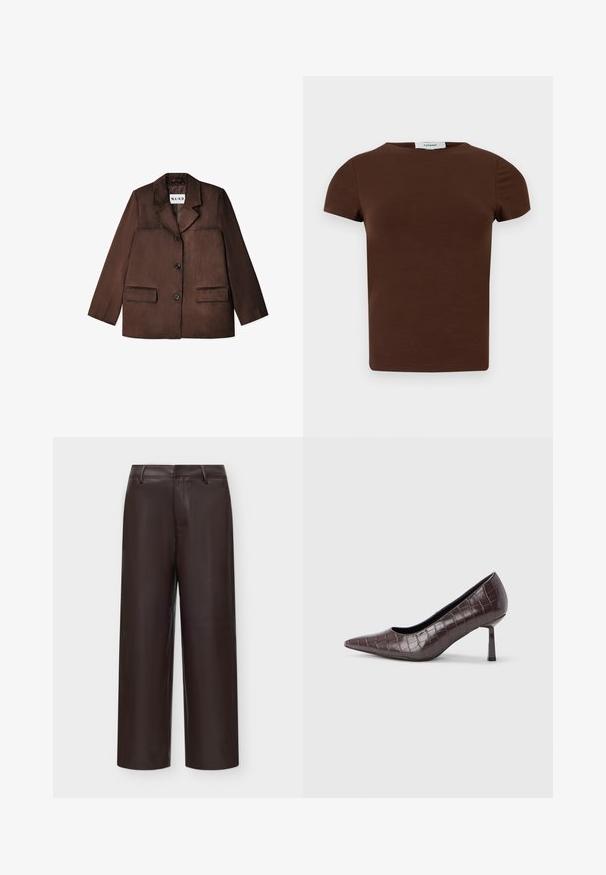 Bruine blazer van een glad materiaal, met een notch-kraag, enkele knoopsluiting en twee voorzakken. Geringde afwerking.; Bruine T-shirt met korte mouwen en een ronde hals, met een effen ontwerp en een Topshop-label bij de hals.; Donkerbruine wijde neplederen broek met riemlussen en frontale naaddetail tegen een lichte achtergrond.; Bruine nepleren pumps met een puntige neus en krokodillenstructuur, voorzien van een slanke, hoekige hak en een gladde binnenvoering.