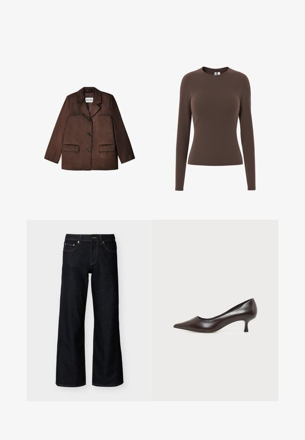 Bruine blazer van een glad materiaal, met een notch-kraag, enkele knoopsluiting en twee voorzakken. Geringde afwerking.; Bruine aansluitende longsleeve met een ronde hals en een gladde textuur, getoond op een witte achtergrond.; Donkerblauwe wijde jeans met knopen aan de voorkant, rits en vijfzakkenontwerp op een effen lichte achtergrond.; Donkerbruine leren pump met spitse neus en lage gebogen hak op een witte achtergrond.