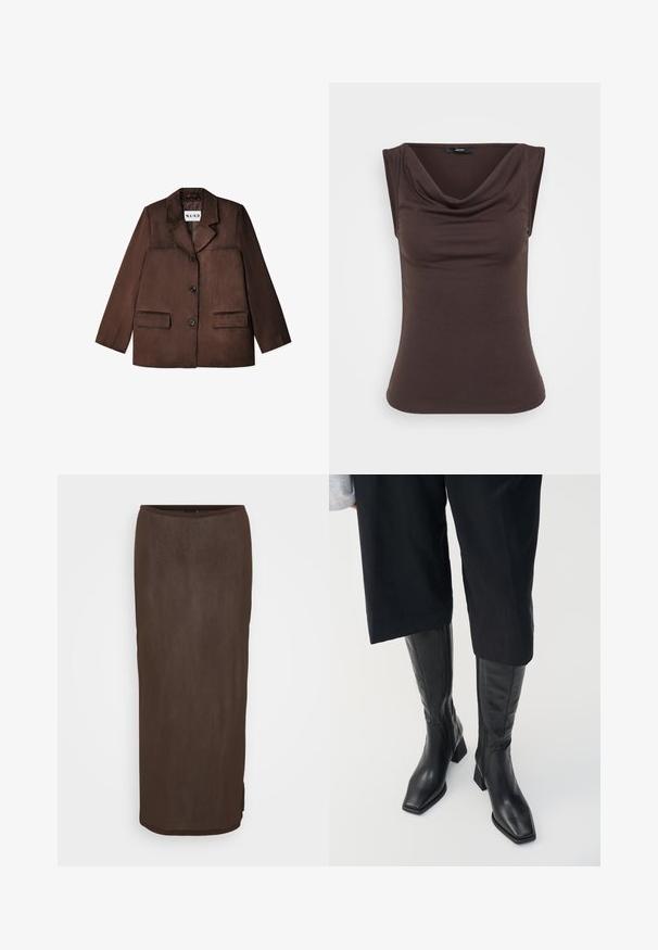 Brauner Blazer aus einem glatten Material, mit einem Reverskragen, einem einzelnen Knopfverschluss und zwei vorderen Taschen. Texturierte Oberfläche.; Brauner ärmelloser Top mit einem drapierten Rollkragen, aus weichem Stoff gefertigt. Glatte Textur mit einer figurbetonten Silhouette und ohne sichtbare Hardware.; Brauner, knielanger, figurbetonter Rock mit glatter Textur und leichtem Glanz. Verfügt über einen abgerundeten Saum und einen subtilen seitlichen Schlitz für mehr Bewegungsfreiheit.; Schwarze Lederstiefel bis zum Knie mit quadratem Zehen und Blockabsatz. Mit einem seitlichen Reißverschluss und glatter Textur.