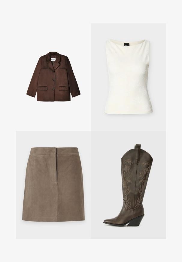 Bruine blazer van een glad materiaal, met een notch-kraag, enkele knoopsluiting en twee voorzakken. Geringde afwerking.; Wit nauwsluitend mouwloos topje met een subtiel bloemachtig structuurpatroon en een boothals.; Taupe knielange suède rok met een rechte pasvorm en een verborgen naad aan de voorkant, tegen een effen achtergrond.; Bruine leren cowboylaars met een spitse neus, wiggenhak en decoratieve borduursels. Heeft een hoge schacht en een trekriem.